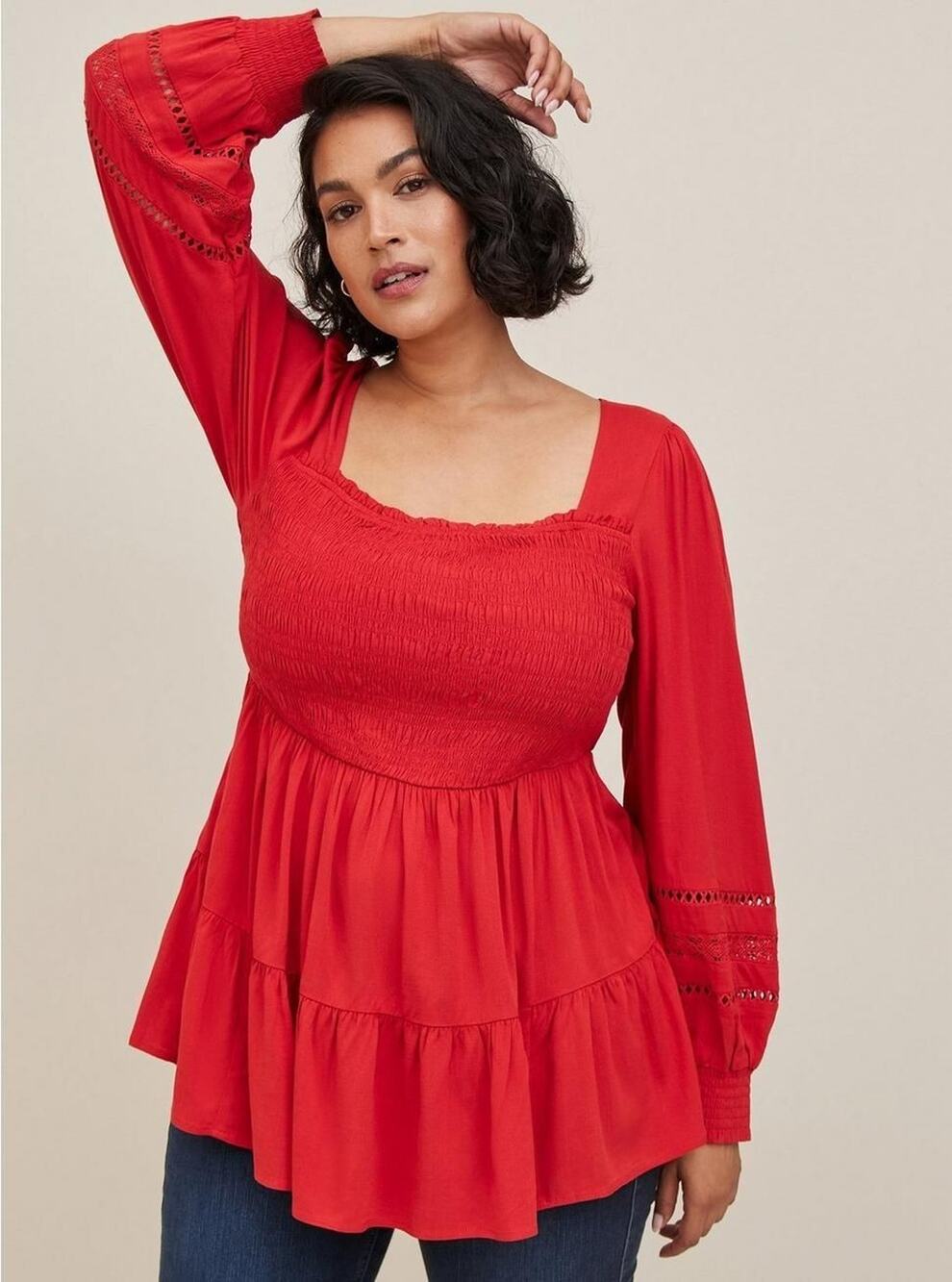 Torrid Babydoll Smocked Tiered Top 2X Red Rayon Slub Lace Inset Balloon Sleeve